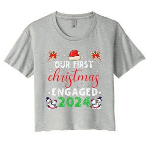 Our First Christmas Engaged 2024 Funny Couple Xmas Pajamas Women's Crop Top Tee