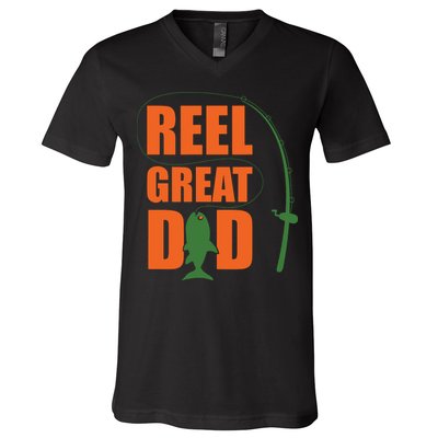 Orange Father`s Day Design For Fisherman Reel Great Dad V-Neck T-Shirt