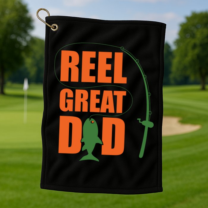 Orange Father`s Day Design For Fisherman Reel Great Dad Golf Towel