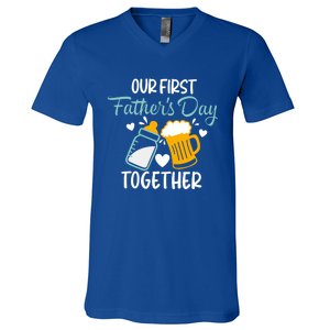 Our First Fathers Day Together Funny Father Day Funny Gift V-Neck T-Shirt