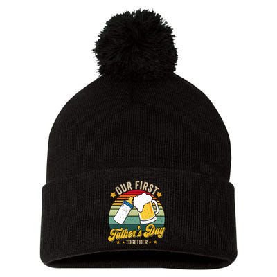 Our First Fathers Day Together Vintage New Dad Matching Pom Pom 12in Knit Beanie