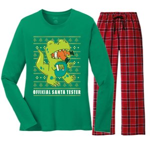 Official Santa Tester Dino Ugly Christmas Women's Long Sleeve Flannel Pajama Set 