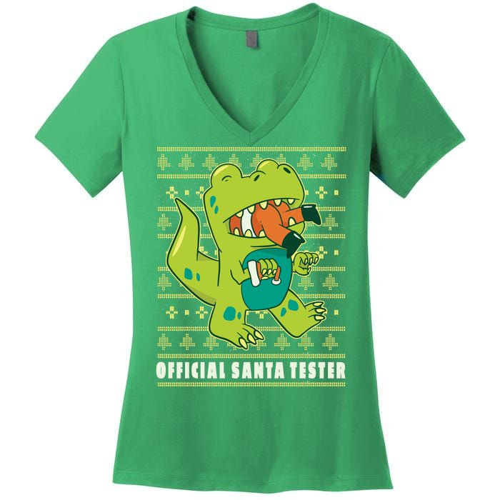 Official Santa Tester Dino Ugly Christmas Women's V-Neck T-Shirt