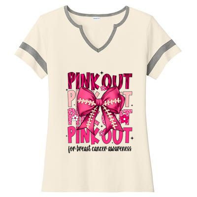 Out Football Gift Coquette Bow Breast Cancer Awareness Ladies Halftime Notch Neck Tee