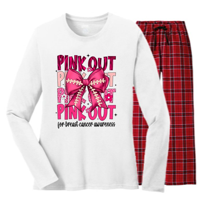 Out Football Gift Coquette Bow Breast Cancer Awareness Women's Long Sleeve Flannel Pajama Set 