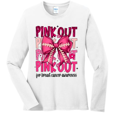 Out Football Gift Coquette Bow Breast Cancer Awareness Ladies Long Sleeve Shirt