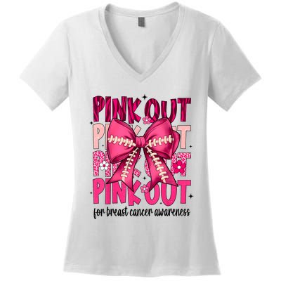 Out Football Gift Coquette Bow Breast Cancer Awareness Women's V-Neck T-Shirt