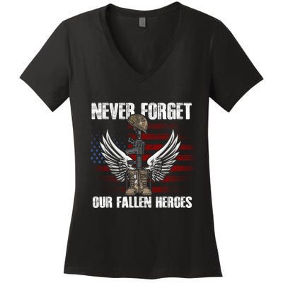 Our Fallen Heroes Veterans Memorial Day Partiotic Military Women's V-Neck T-Shirt