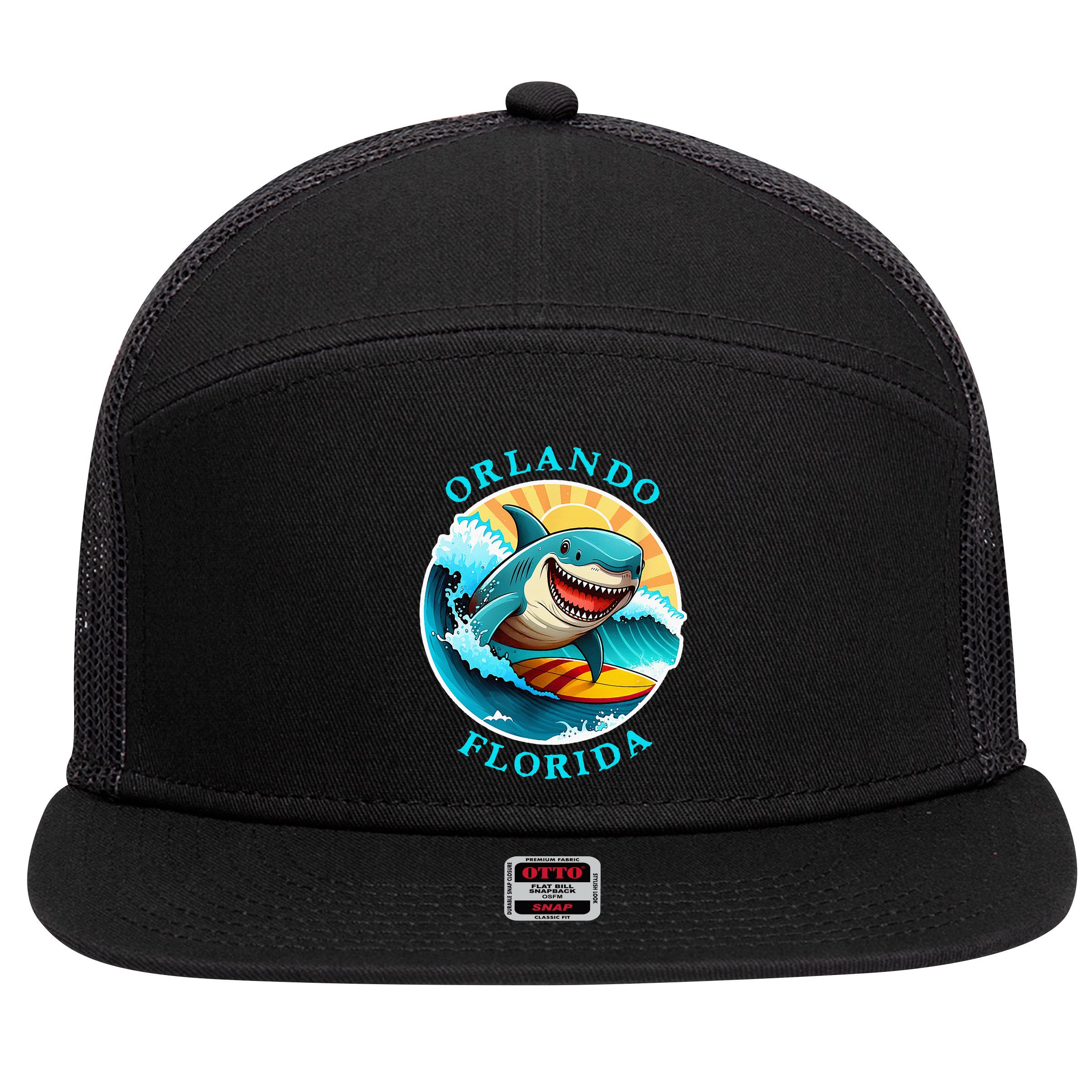 Orlando Florida Happy Surfing Shark Souvenir 7 Panel Mesh Trucker Snapback Hat