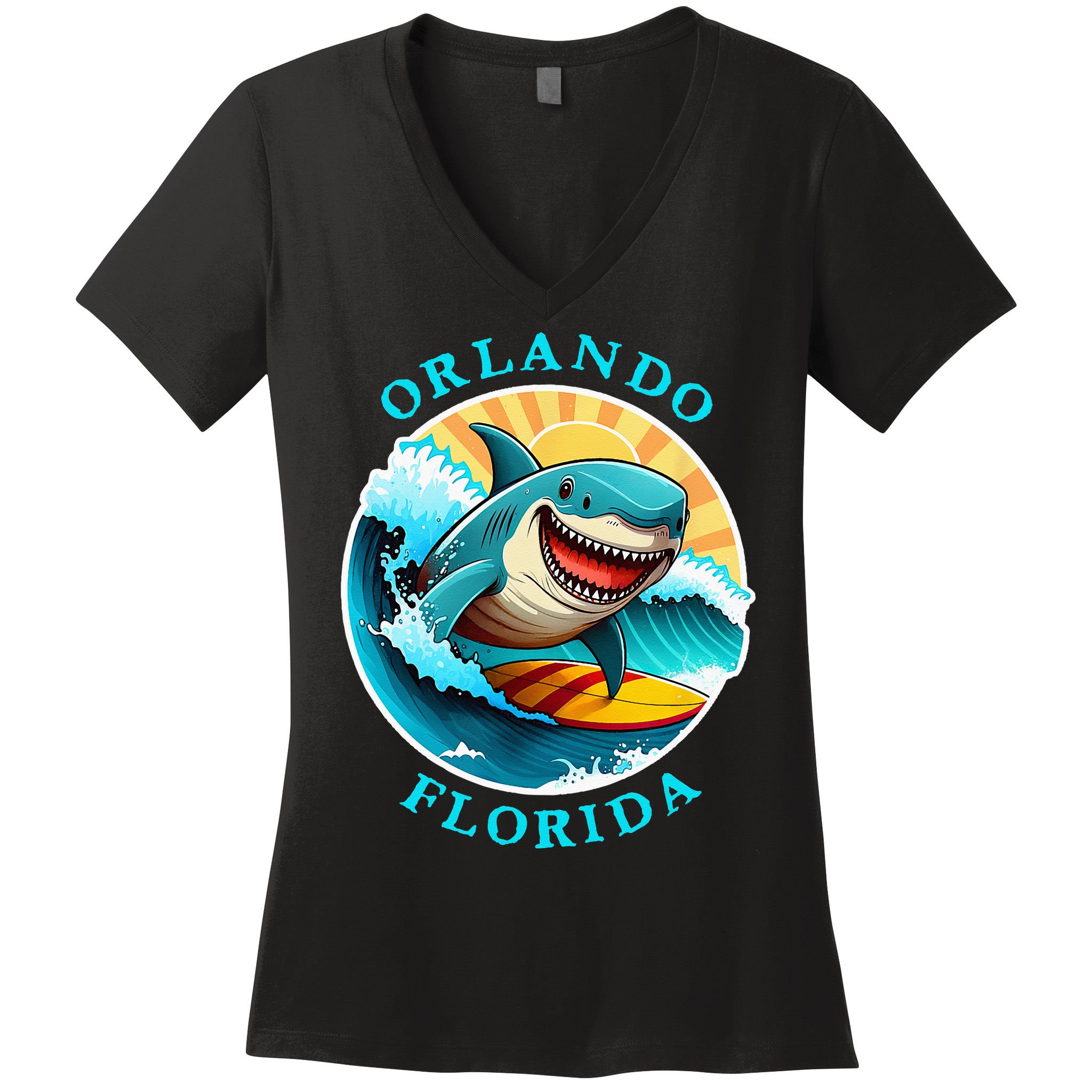 Orlando Florida Happy Surfing Shark Souvenir Women's V-Neck T-Shirt