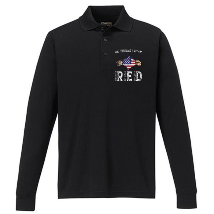 On Fridays I Wear Red USA Support American Troops Performance Long Sleeve Polo