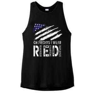 On Fridays I Wear Red USA Flag Support American Troops Ladies PosiCharge Tri-Blend Wicking Tank