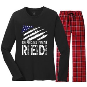 On Fridays I Wear Red USA Flag Support American Troops Women's Long Sleeve Flannel Pajama Set 