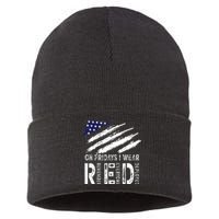 On Fridays I Wear Red USA Flag Support American Troops Sustainable Knit Beanie