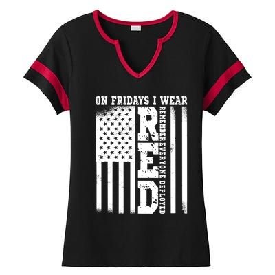 On Fridays I Wear Red USA Support American Troops Ladies Halftime Notch Neck Tee