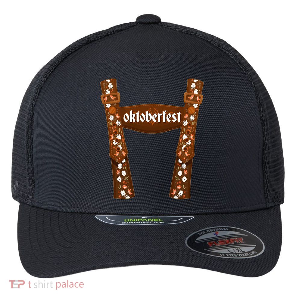 Oktoberfest Floral Lederhosen Flexfit Unipanel Trucker Cap