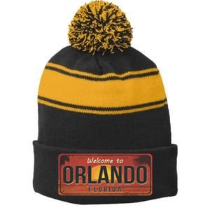 Orlando Florida License Plate Sunset Stripe Pom Pom Beanie