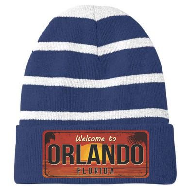 Orlando Florida License Plate Sunset Striped Beanie with Solid Band