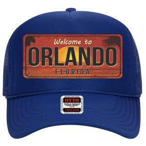 Orlando Florida License Plate Sunset High Crown Mesh Back Trucker Hat