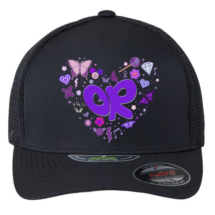 Olivia First Name Personalized Groovy 80S Heart Flexfit Unipanel Trucker Cap