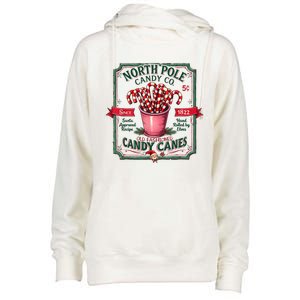 Old Fashioned North Pole Candy Cane Company Elf Christmas Womens Funnel Neck Pullover Hood