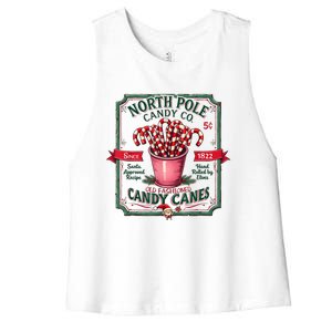 Old Fashioned North Pole Candy Cane Company Elf Christmas Women's Racerback Cropped Tank