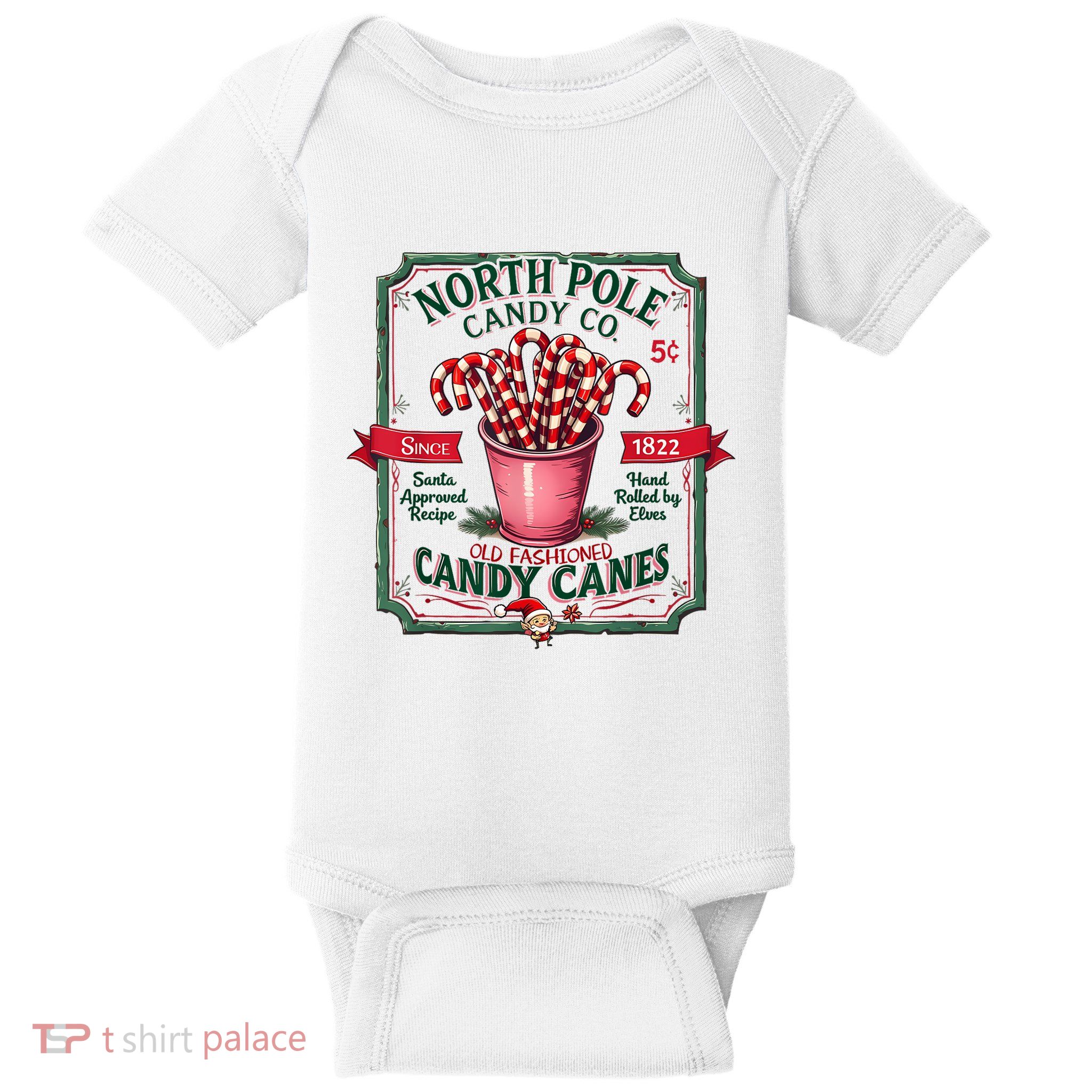 Old Fashioned North Pole Candy Cane Company Elf Christmas Baby Bodysuit