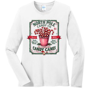 Old Fashioned North Pole Candy Cane Company Elf Christmas Ladies Long Sleeve Shirt