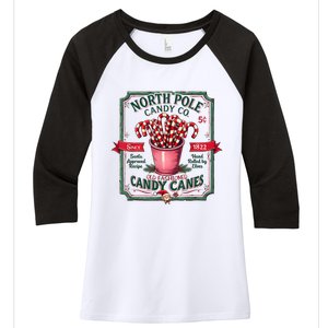 Old Fashioned North Pole Candy Cane Company Elf Christmas Women's Tri-Blend 3/4-Sleeve Raglan Shirt