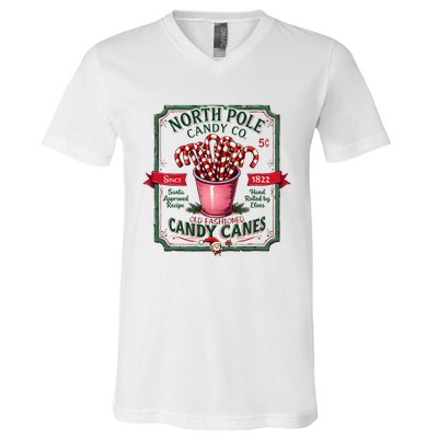 Old Fashioned North Pole Candy Cane Company Elf Christmas V-Neck T-Shirt