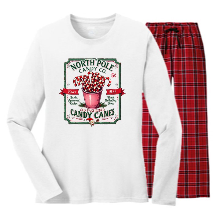 Old Fashioned North Pole Candy Cane Company Elf Christmas Women's Long Sleeve Flannel Pajama Set 