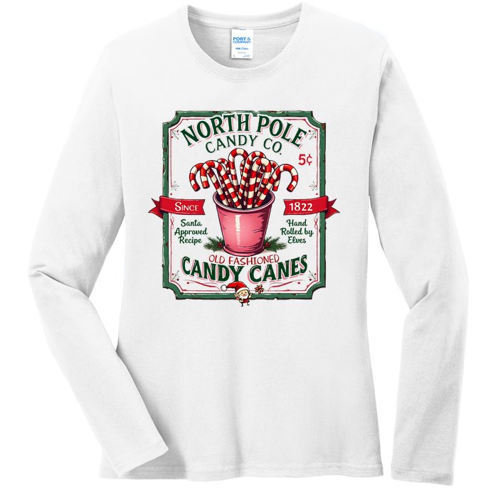 Old Fashioned North Pole Candy Cane Company Elf Christmas Ladies Long Sleeve Shirt