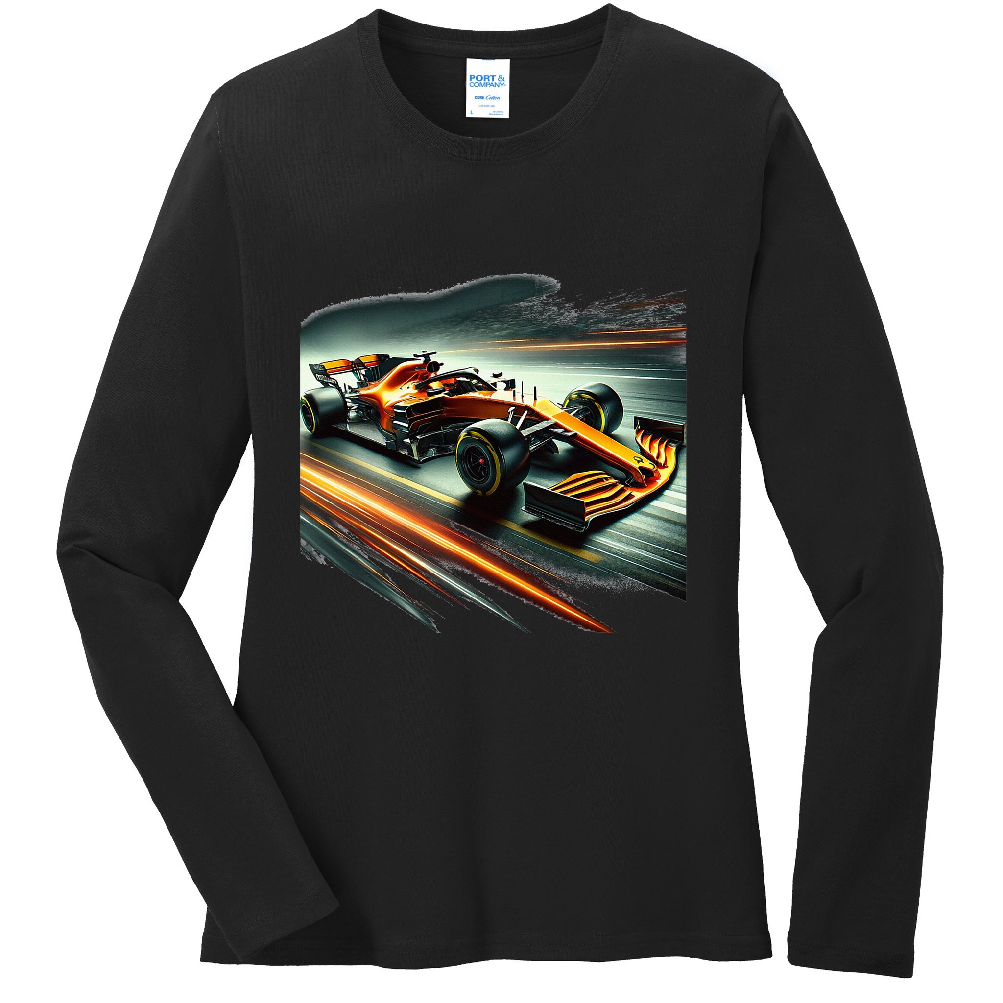 Orange Formula Racing Car Ladies Long Sleeve Shirt