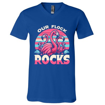 Our Flock Rocks Flamingos Lover Family Vacation Gift V-Neck T-Shirt