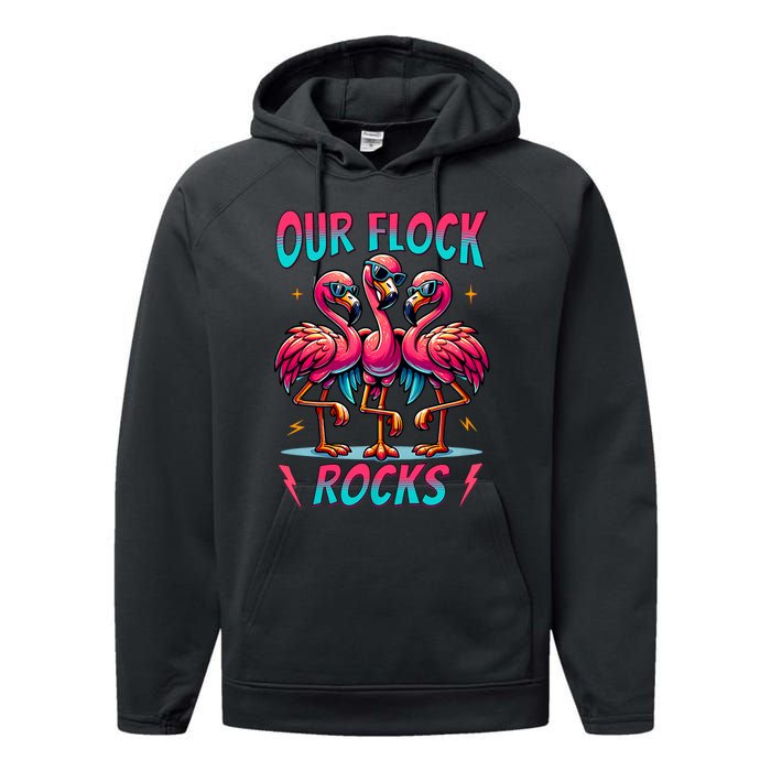 Our Flock Rocks Cute Flamingo Matching Family Vacation Group Performance Fleece Hoodie