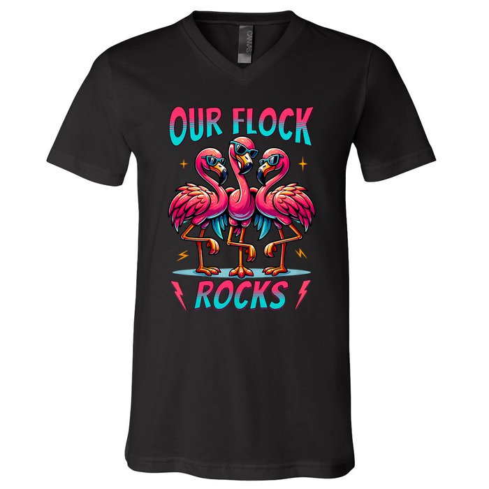 Our Flock Rocks Cute Flamingo Matching Family Vacation Group V-Neck T-Shirt