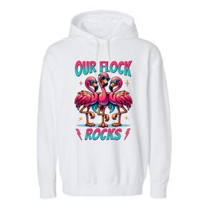 Our Flock Rocks Cute Flamingo Matching Family Vacation Group Garment-Dyed Fleece Hoodie