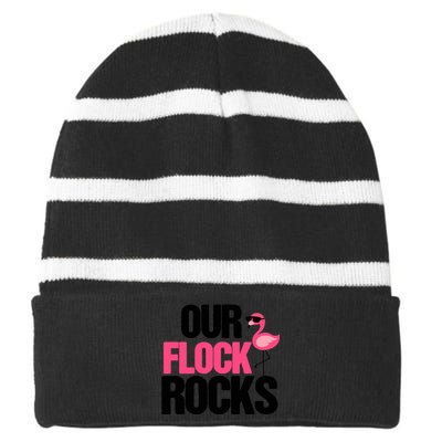 Our Flock Rocks Flamingo Mother's Day Teacher Gift Striped Beanie with Solid Band