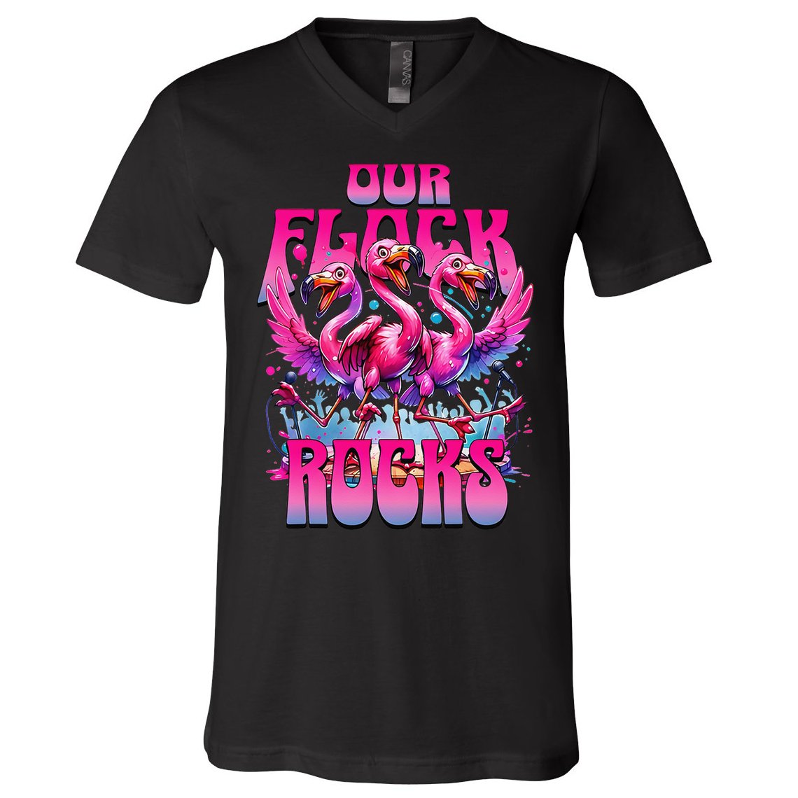 Our Flock Rocks Funny Flamingos Vacation Family Friends V-Neck T-Shirt