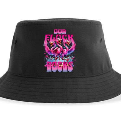 Our Flock Rocks Funny Flamingos Vacation Family Friends Sustainable Bucket Hat