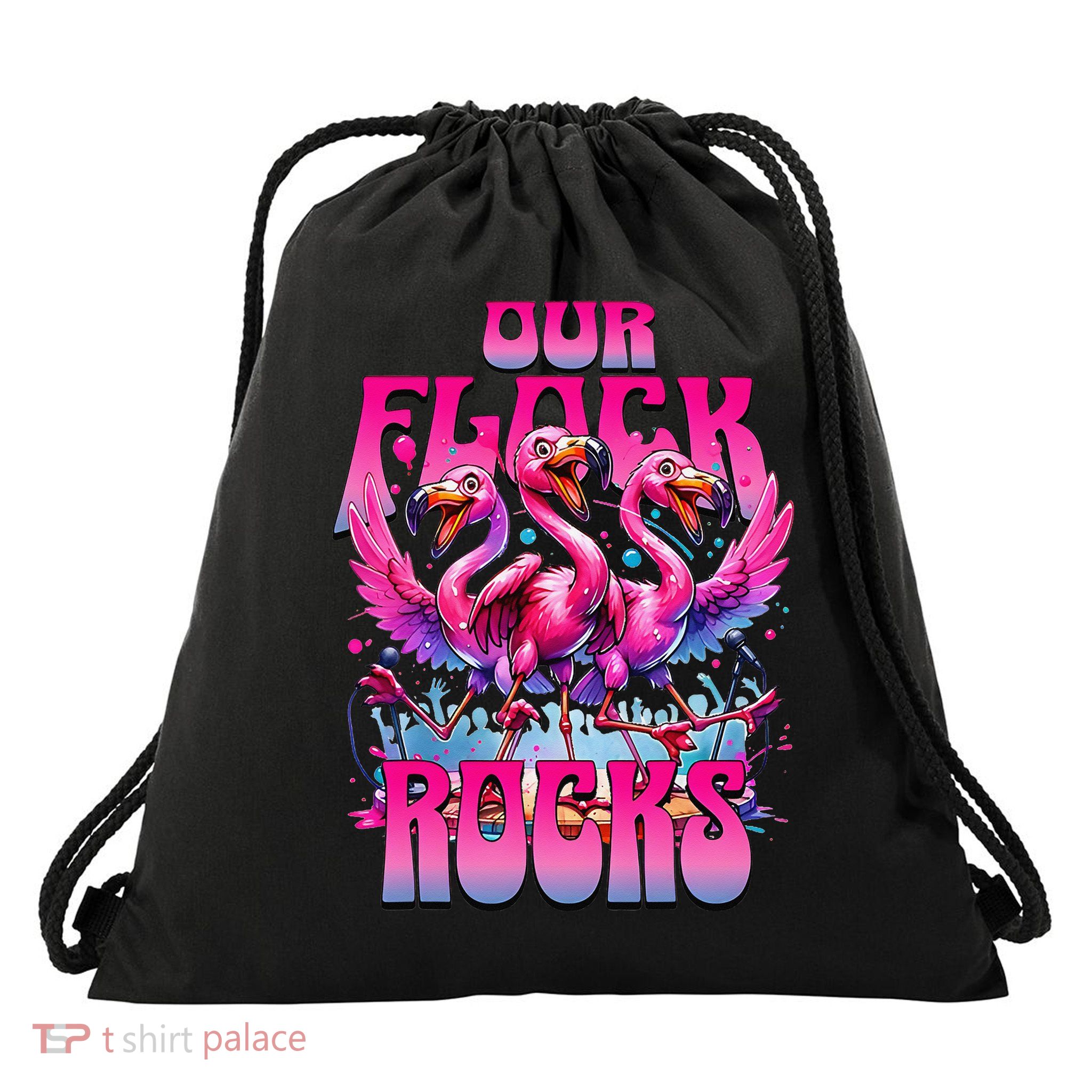 Our Flock Rocks Funny Flamingos Vacation Family Friends Drawstring Bag
