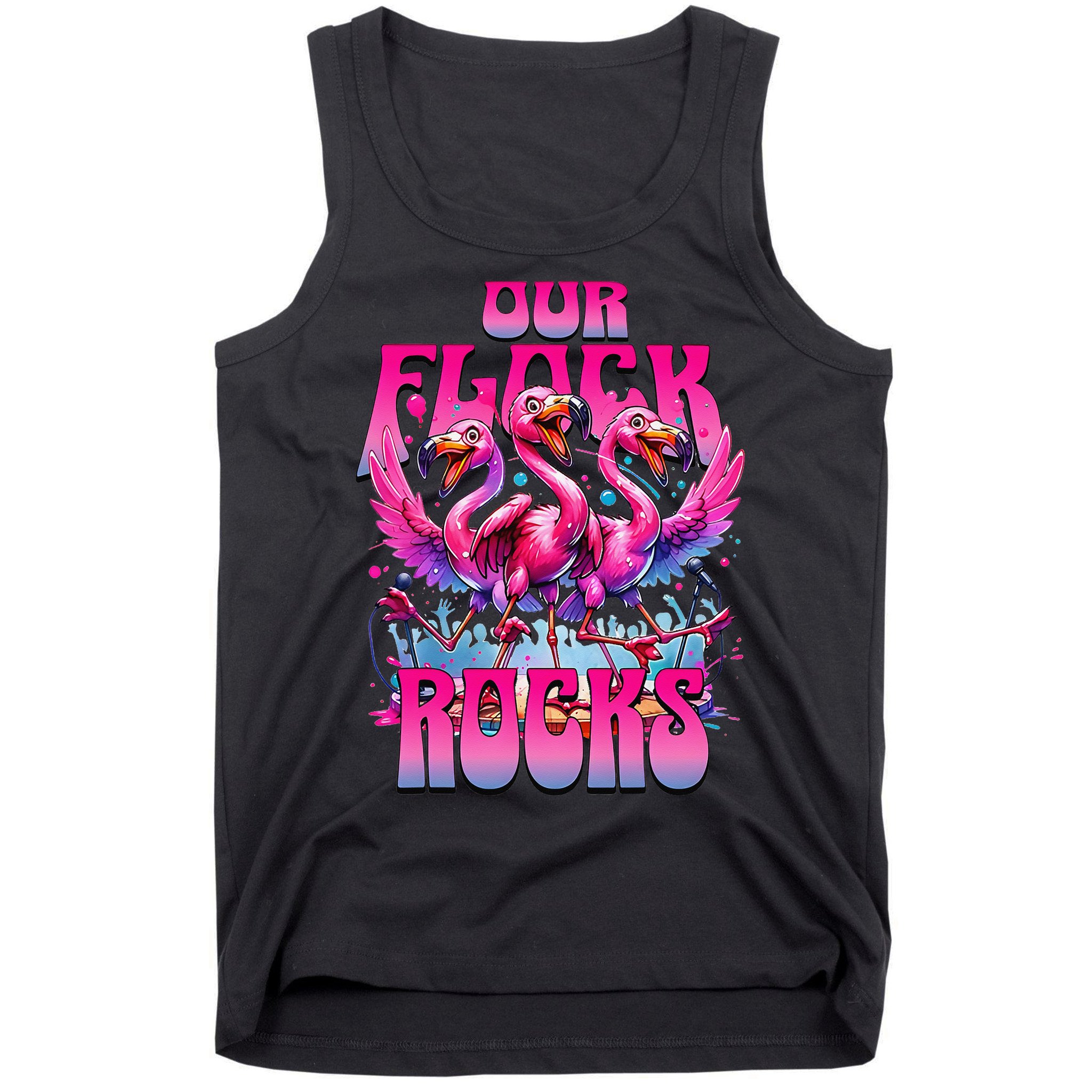 Our Flock Rocks Funny Flamingos Vacation Family Friends Tank Top