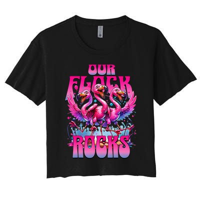 Our Flock Rocks Funny Flamingos Vacation Family Friends Women's Crop Top Tee