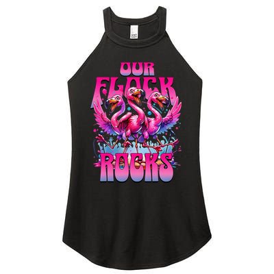 Our Flock Rocks Funny Flamingos Vacation Family Friends Women's Perfect Tri Rocker Tank