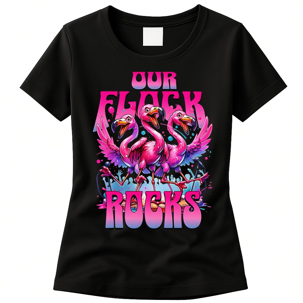 Our Flock Rocks Funny Flamingos Vacation Family Friends Womens T-Shirt