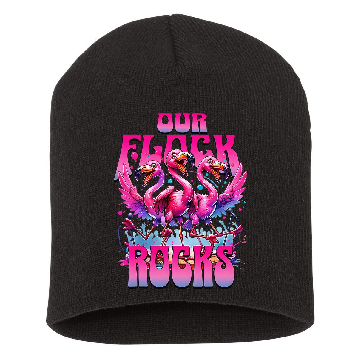 Our Flock Rocks Funny Flamingos Vacation Family Friends Short Acrylic Beanie