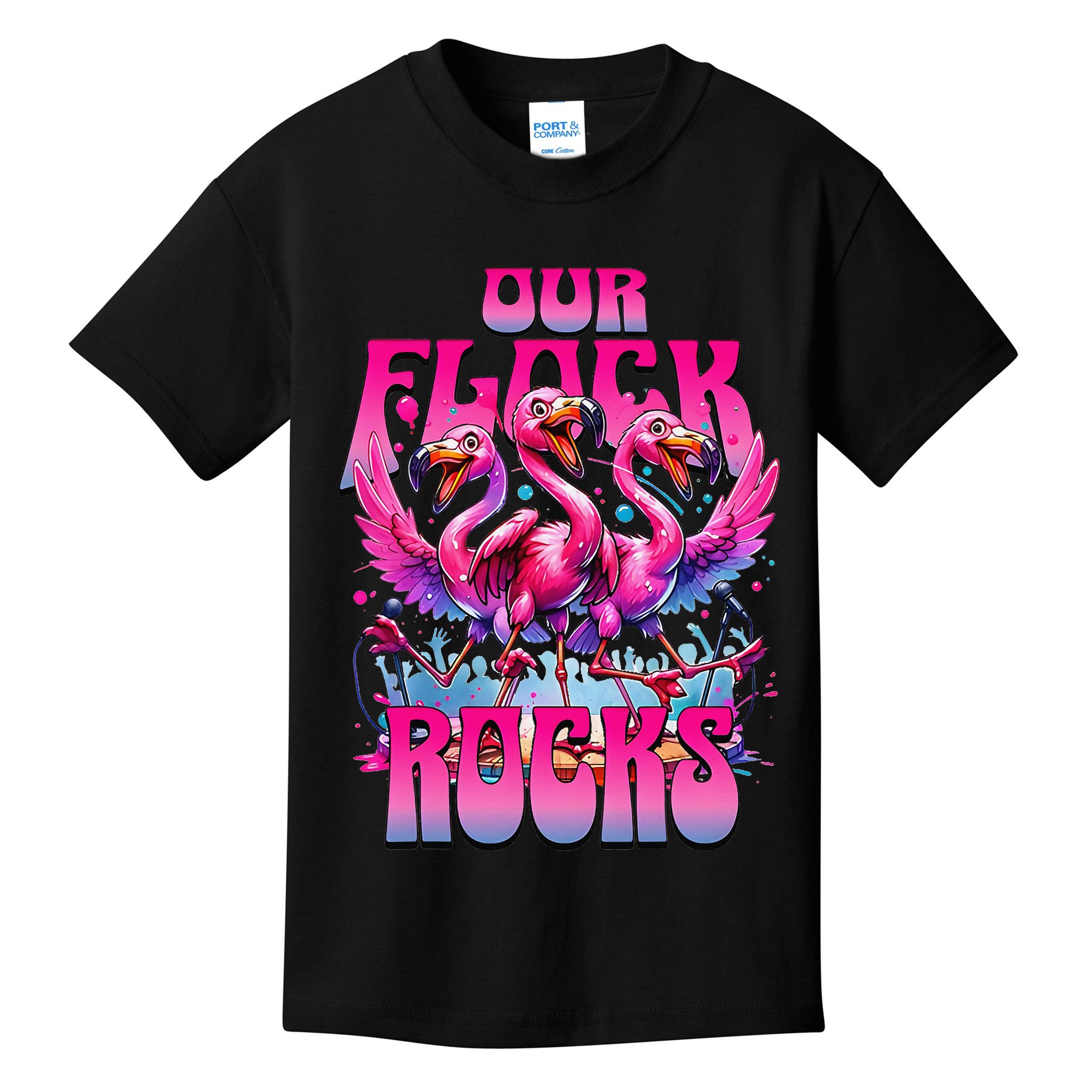 Our Flock Rocks Funny Flamingos Vacation Family Friends Kids T-Shirt