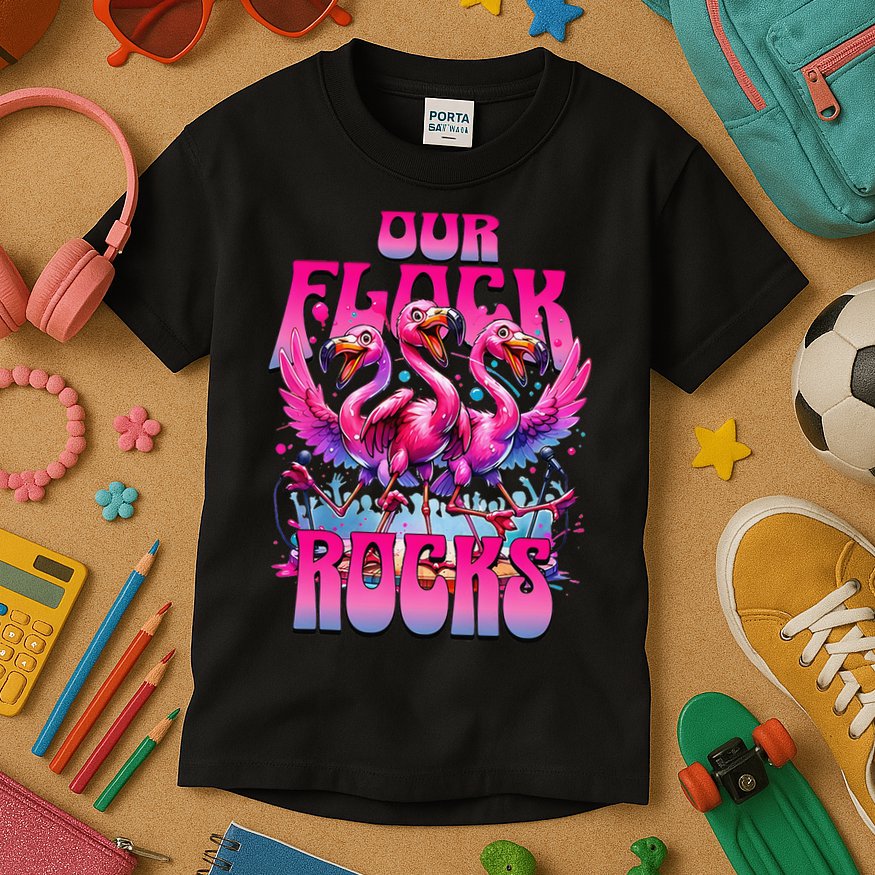 Our Flock Rocks Funny Flamingos Vacation Family Friends Kids T-Shirt