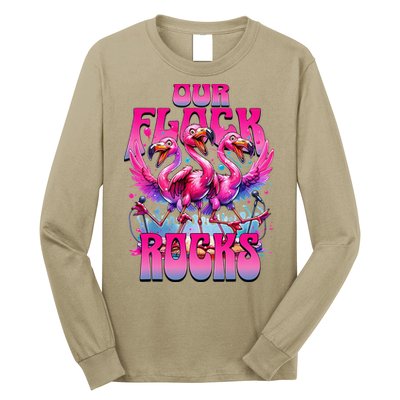 Our Flock Rocks Funny Flamingos Vacation Family Friends Long Sleeve Shirt