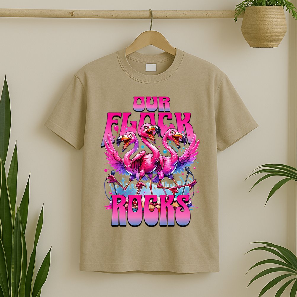 Our Flock Rocks Funny Flamingos Vacation Family Friends T-Shirt